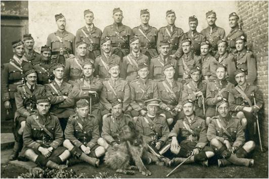 Bruno (centre) poses with the Officers of the 15th
Battalion in billets near Noeux-les-Mines France
just prior to the battle of Hill 70 August 1917. Padre
 Canon Scott Is seated front row centre.