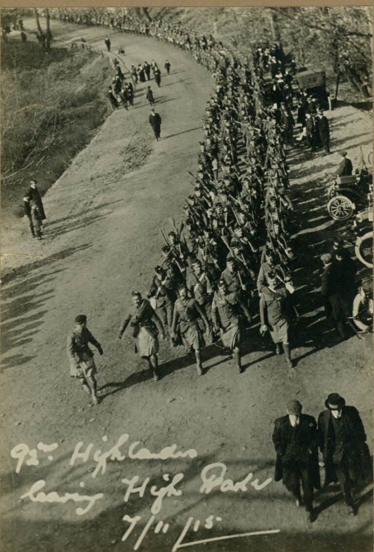 92nd Battalion route marching from Niagara to Toronto. High Park 1915