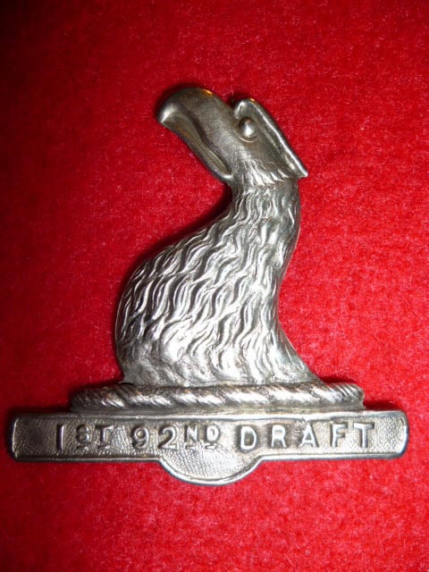 Glengarry cap badge of the 92nd Battalion 1st Reinforcing draft