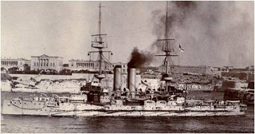 HMS Glory. Canopus class pre dreadnought battleship.Starboard escort.
