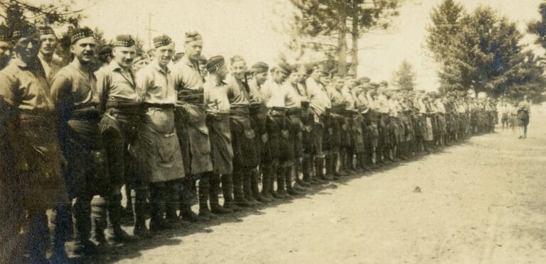 Troops in shirt sleeve order. Camp Borden June-August 1916