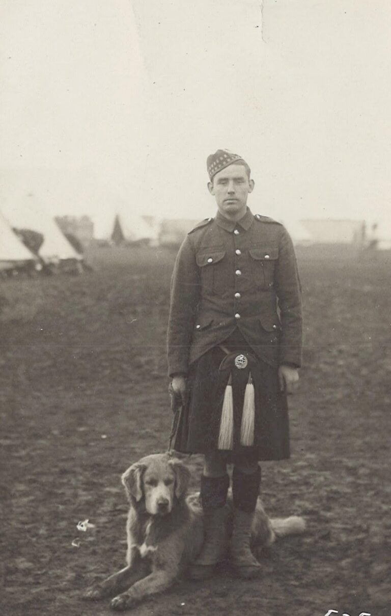 Private J. Cox with Max at Southdown Camp, Salisbury, UK 1914
