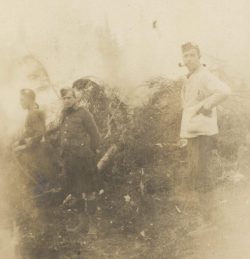Valcartier, Quebec Sept 1914. Standing right in officer’s issue white sweater is Lt Robert Hay Davidson. Others are unidentified.