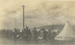 Pipes & Drums in tent lines. Valcartier camp,
Quebec Sept 1914.
