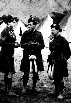 Pipe Sgt Newlands, Pipe Major Keith and Pipe Corporal Thompson in tent lines