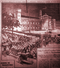 Sketch
from Toronto newspaper showing 48th Highlanders drilling at The
Armoury. August 1914.