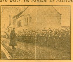 Newspaper article about 15th Bn while billeted in Caistre
(brewery, schoolhouse)18-23 Feb 1914.