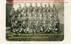 Officers with mascot ‘Bruno’. Noeux les mines August 1917 prior to Hill 70. Most Officers can be identified by name. Reverend Canon Scott is seated centre.