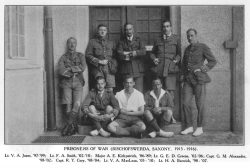 Canadian officer POWs at Biscofswerda, Germany. 15th Battalion Officers: Lt Jones, Lt Smith, Capt Alexander, Capt Cory and Lt Barwick. 1915-1916.