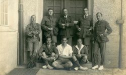 Canadian officer POWs at Biscofswerda, Germany. 15th Battalion Officers: Lt Jones, Lt Smith, Capt Alexander, Capt Cory and Lt Barwick. 1915-1916.