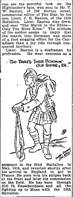 Sketch by Lt JE Banton on 15th Battalion reaching the Rhine. Dec 1918.