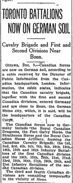 Newspaper
article reporting 15th Battalion crossing into Germany.