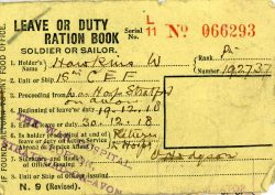 Front of Duty or Leave Ration Book with sample ration stamps for period 19-30 Dec 1918 issued to 192737 Pte William Hawkins.