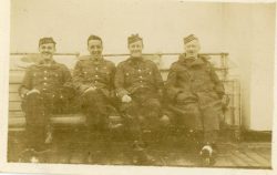 Group of 15th Bn officers onboard SS Lapland to UK or RMS Baltic to Canada 1919. Second from left is Lt AG Donald and fourth is Lt WW Fergusson.