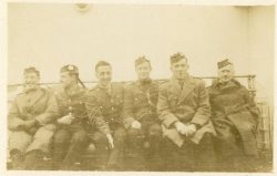 Group of 15th Bn officers onboard SS Lapland to UK or RMS Baltic to Canada 1919. Third from left is Lt AG Donald, fourth is Lt WW Fergusson and fifth is”hard face” Miller.