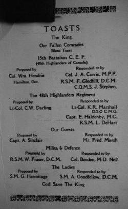 Program from 15th Battalion Association 1st
Annual Dinner, Carls-Rite Hotel, Toronto, 25 Feb 1924.