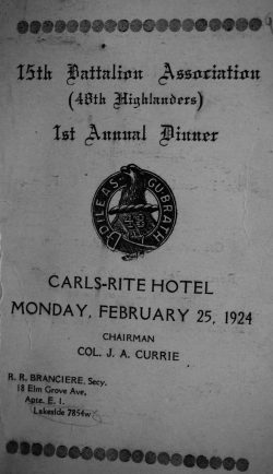 Program from 15th Battalion Association 1st Annual Dinner, Carls-Rite Hotel, Toronto, 25 Feb 1924.