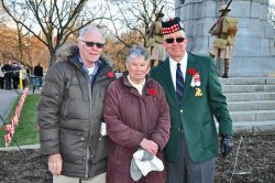 Keith
and Joan Topp, relatives of Private Hartlet Hibberd KIA at 2nd Ypres
in 1915, with 15th Battalion Project Team member Captain (ret) Steve
Gilbert at the St. Julien Centenary commemorative parade at the regimental
memorial in Queen’s Park, Toronto. April 24, 2015.
