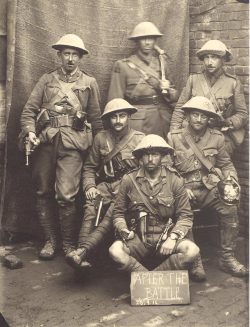 Officers 26 Sept 1916 – Courcelette on the Somme. Lt Mavor front, Lt Chipman and LtCol Bent seated. Lt Fatcher(sp?) and W Proudfoor standing L and R. Middle ? All are holding items of German equipment.