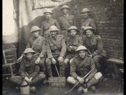 Lt Col Bent and officers. 10 Oct 1916. Somme. L-R: ground-Lts Cameron
and Haldane. Seated-Lt Haldenby, LtCol Bent, Lt
Mavor, Lt Ansley. Standing Futcher, Shaw and unidentified.
