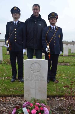 Menin Gate buglers and a Ieper City official lay a wreath
in Cemetery at the grave of Private M.A. Cameron KIA at
Passchendaele in 1917 during the Centenary of the battle in November 2017.
