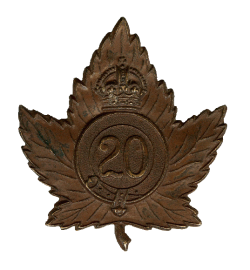 20th Battalion: Raised Central Ontario 7 Nov 1914. England 24 May 1915. France 14 Sept 1915 in 2nd Division. Demobilized 30 Aug 1920.
