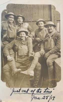 Taken in Bully Grenay on 25 Jan 1917 following a trench tour in the line in Calonne Sector.
L-R: Capt A. Samuel, Lt M Neily, Capt ACH Andrews, Lt S Reeves. Front: Maj DM Grant