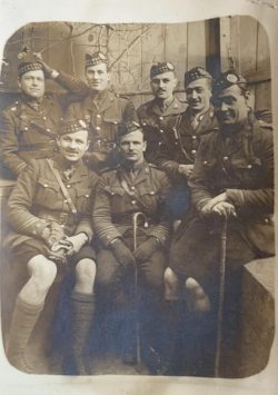 Taken in Bully Grenay on 25 Jan 1917 following a trench tour in the line in Calonne Sector.
Rear L-R: Maj RE Wallace, Lt M Neily, Capt ACH Andrews, Lt SJ Reeves.
L-R: front: Capt H MacLaughlin, Maj DM Grant, Capt A Samuel