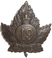 19th batt. Raised Central Ontario 7 Nov 1914. England Apr 1915. France Sept 1915 in 2nd Division. Canada and demobilized May 1919