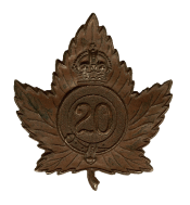 20th Battalion:  Raised Central Ontario 7 Nov 1914. England 24 May 1915. France 14 Sept 1915 in 2nd Division.  Demobilized 30 Aug 1920